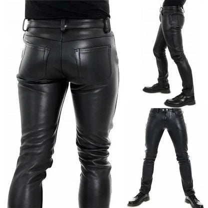 Men's Leather Pants  2022 New Solid Color PU Leather Motorcycle Pants Elastic Leisure Punk Style Slim Fit Full Length Trousers
