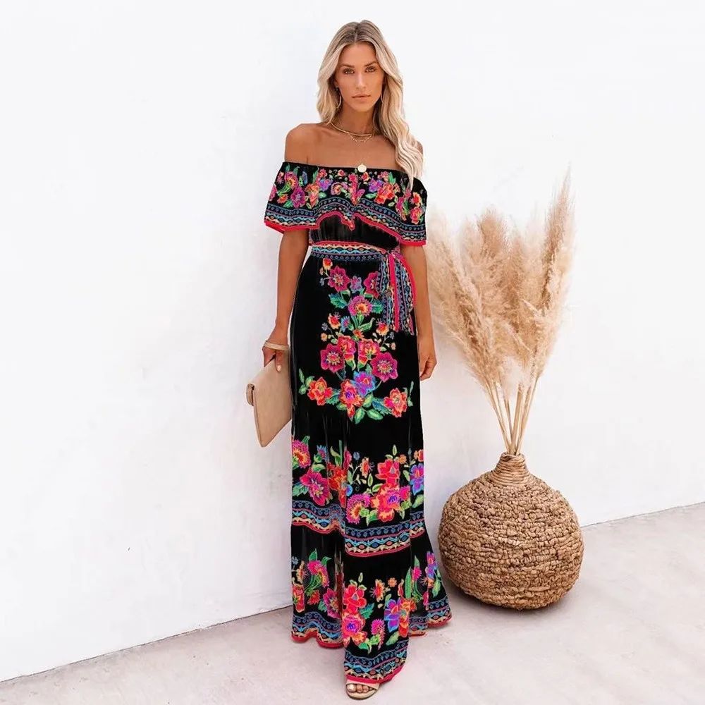 2024 Spring Summer New Independent Stand Amazon Off-shoulder Red Flower Printing Long Dress Oversized Wide Hemline Sleeveless