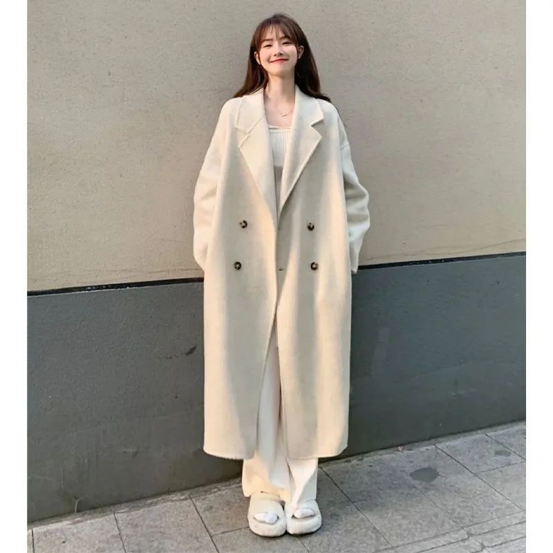 Winter Long Pink Woolen Coat French Hepburn Style Loose Casual Slimming Knee-Length Tweed Outerwear Women's Fashion
