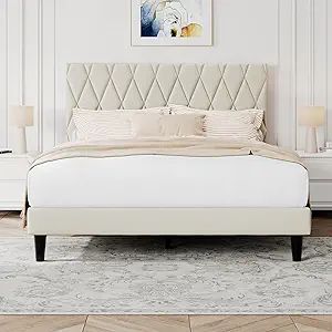 King Platform Bed Frame with Storage Space, Fabric Upholstered Headboard, Fully Upholstered Mattress Foundation, No Box Spring N