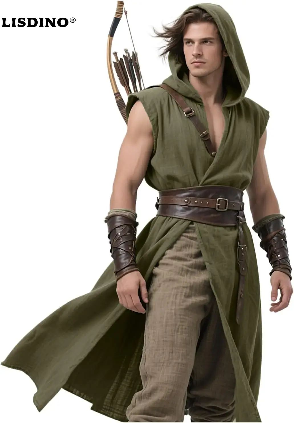 Men's Medieval Hooded Surcoat Renaissance Tabard Sleeveless Tunic Cloak Viking Costume Holloween Assassin Cosplay
