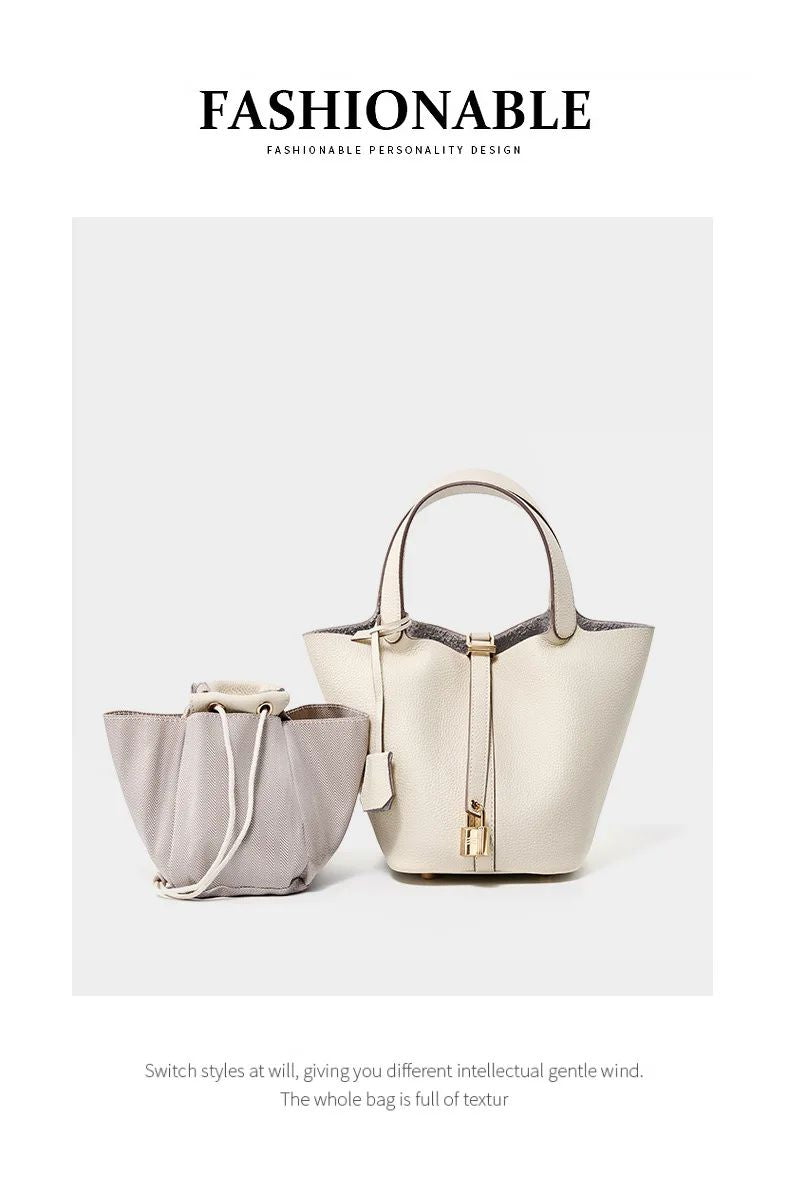 Genuine Leather Shoulder Bucket Bag Women Litchi Pattern Mini Basket Tote Soft Handbag Mommy Bride Wedding Bags with Lock