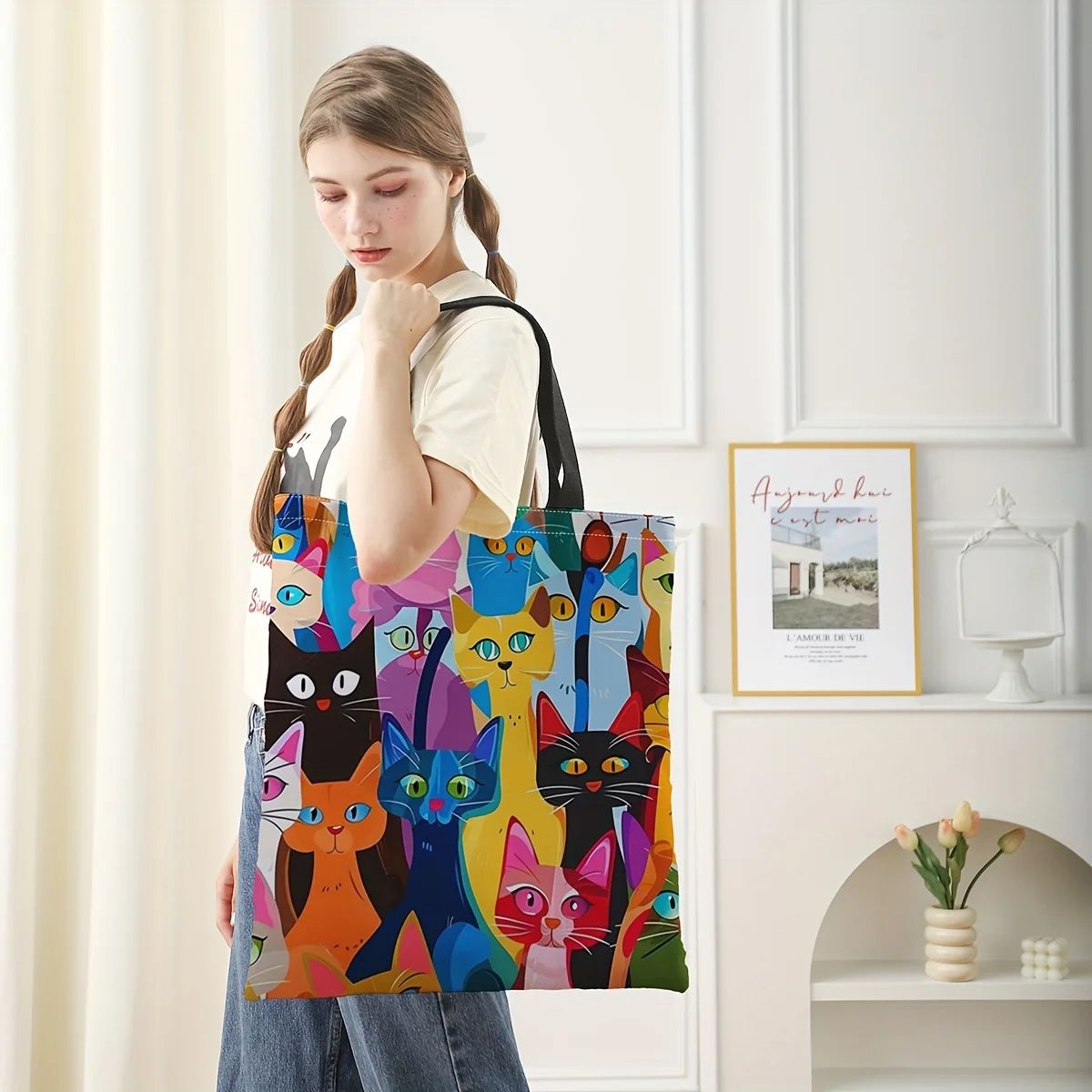 Bolsa Casual Estampada Gatinho Colorido, Mochila Reutilizável da Moda, Bolsa Multifuncional, Sacola de Compras Estampada 40x40cm