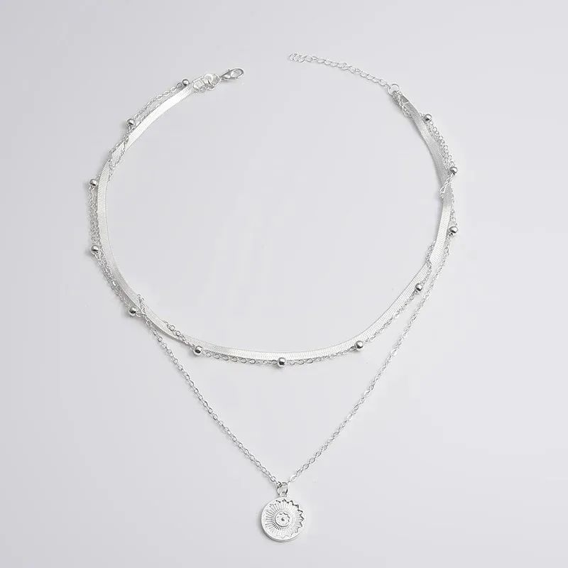 Colar Feminino de Prata Esterlina 925 com Três Camadas, Redondo, Corrente Snake Simples, Charm com Bola, Presente para Festa, Joia Exquisita Feminina