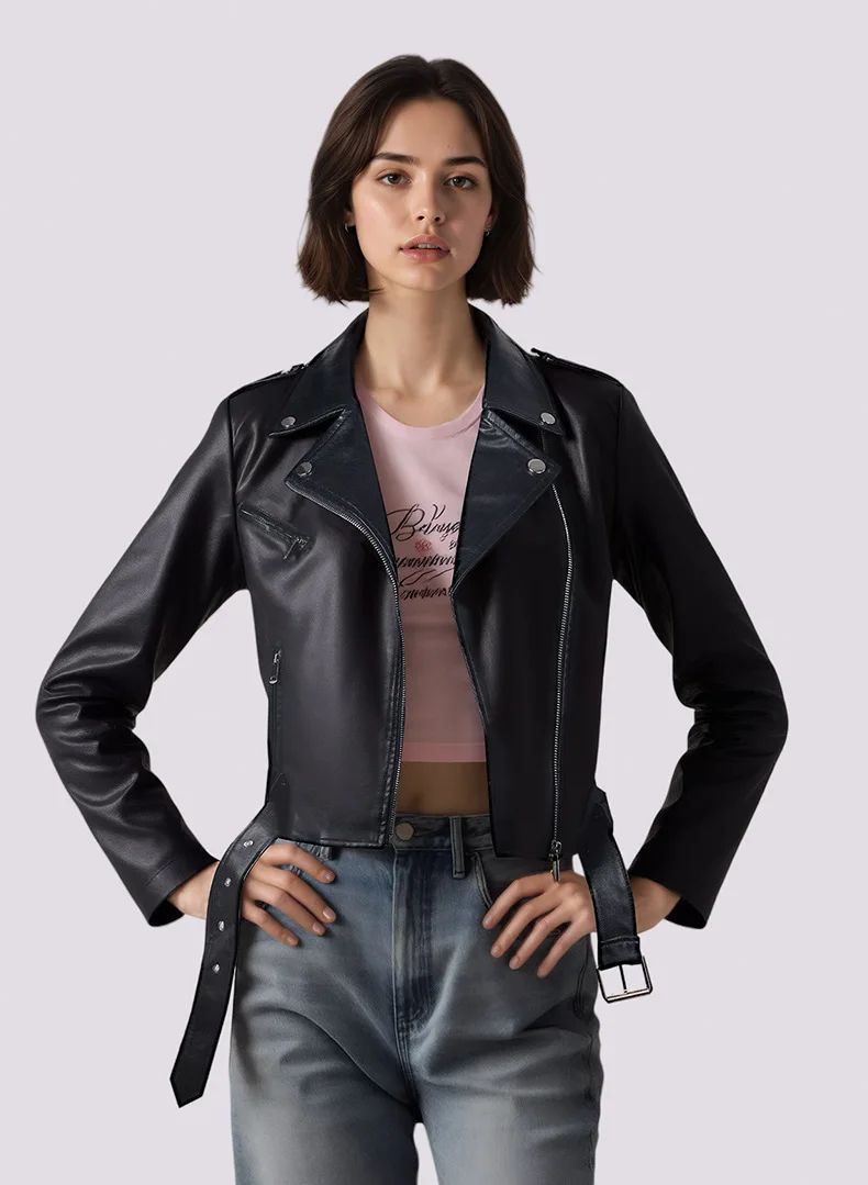 Women's Bright Red Long-sleeve PU Jacket, Lapel Collar Black Short Faux Leather Coat, Available in Dark Brown or Beige.