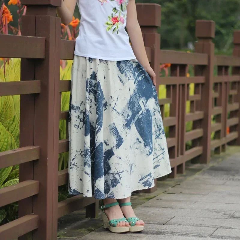 Cotton Linen Skirts for Women Fashion Casual Bohemian Y2k Print Long Skirt Summer Vintage Maxi Bottom Saias Woman Clothes Faldas