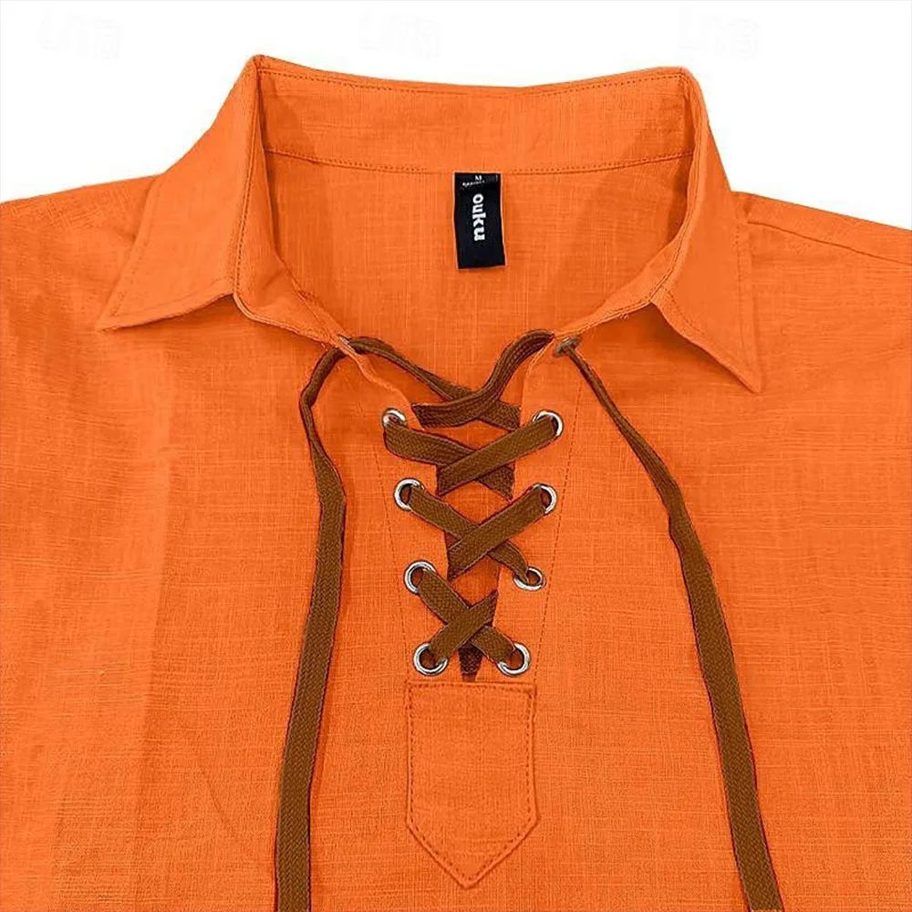 2024 Men's Renaissance Shirt Pirate Medieval Viking Top Cotton Linen Shirts Casual Fashion V-neck Tie Up Long-sleeved Shirt
