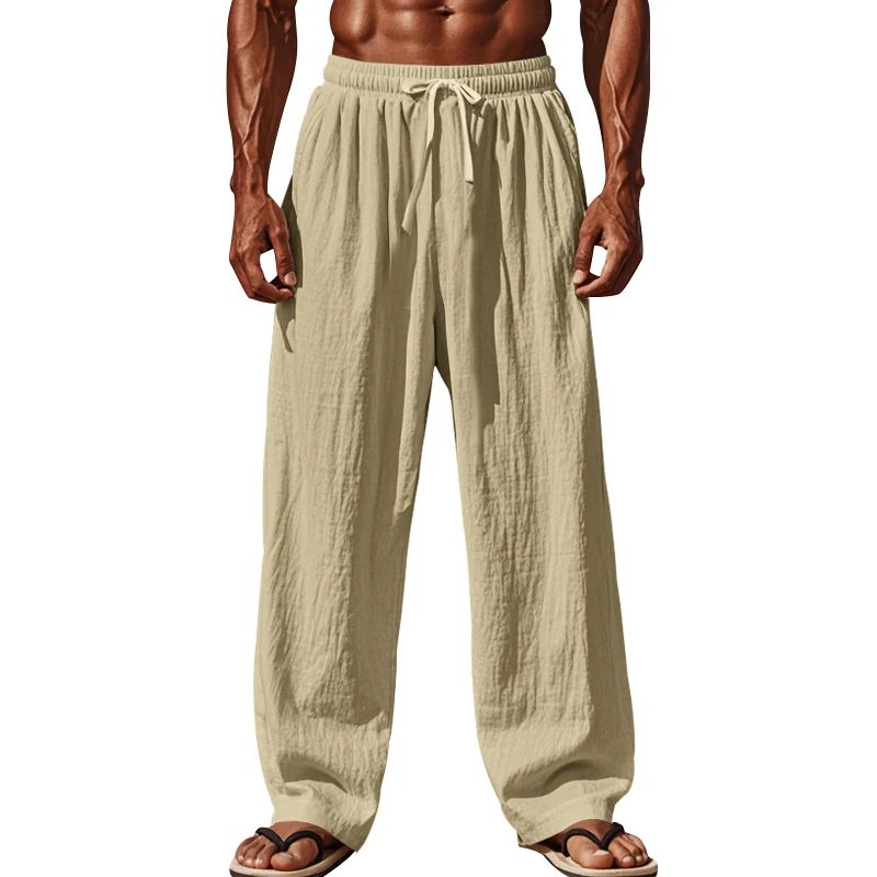 Calça Casual Masculina de Linho com Elástico na Cintura, Calça de Praia Leve com Cordão, Calça de Yoga de Verão Cor Sólida, Calça de Praia