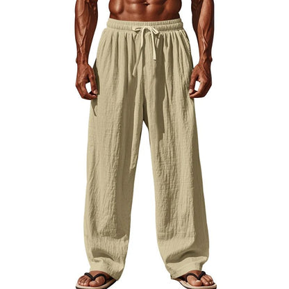 Calça Casual Masculina de Linho com Elástico na Cintura, Calça de Praia Leve com Cordão, Calça de Yoga de Verão Cor Sólida, Calça de Praia