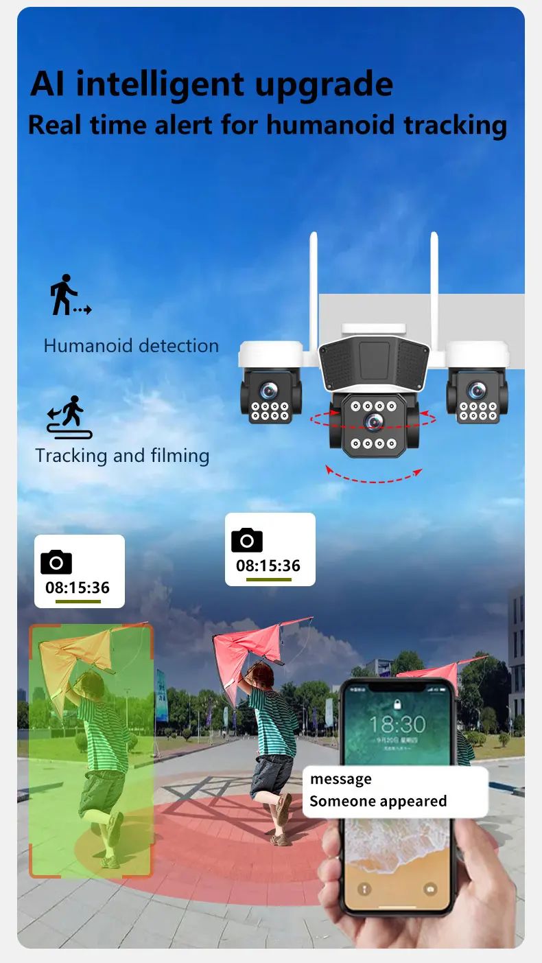 ANSVICAM 12MP 6K UHD WIFI Camera 3-PTZ Outdoor Cam Three Lenses Triple Screens Security Monitor Night Vision Waterproof CCTV