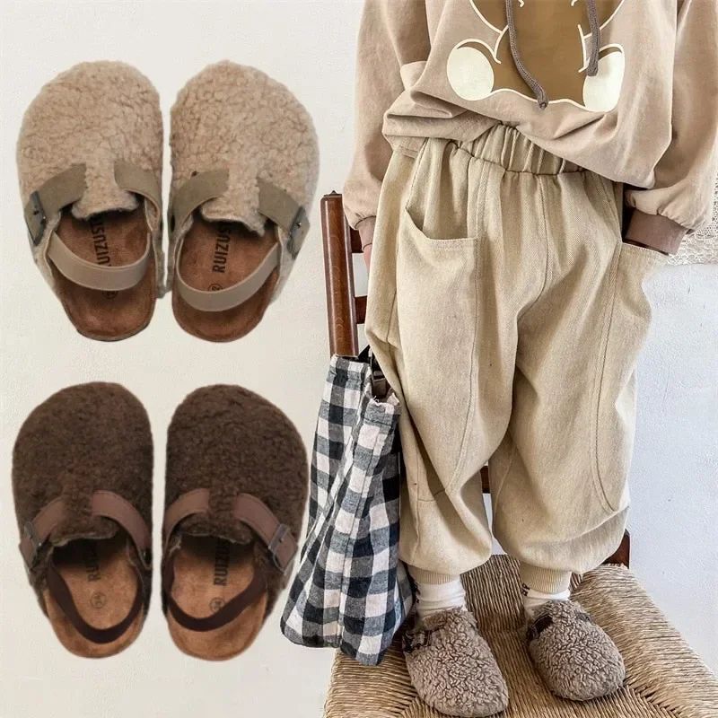 Children's Fleece Elastic Clogs Baby Boys Girls Plush Slipper Toddler Prewalker Footwear Winter Warm Soft Sole Shoes