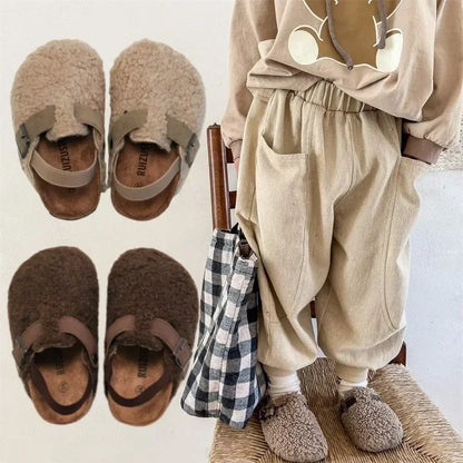 Children's Fleece Elastic Clogs Baby Boys Girls Plush Slipper Toddler Prewalker Footwear Winter Warm Soft Sole Shoes