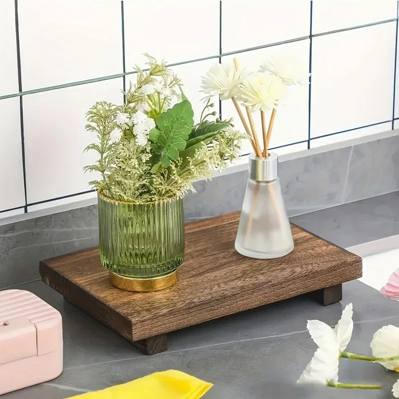 Bandeja de Madeira com Pedestal para Decoração de Banheiro, Organizador de Pia para Sabonete Líquido e Velas Perfumadas, Suporte para Temperos de Cozinha