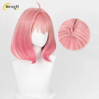 Pronta Entrega Anya Forger Peruca Sintética Anime Curta 37cm Rosa Gradiente Perucas de Cosplay Com Acessórios de Cabelo Resistente ao Calor Perucas de Halloween