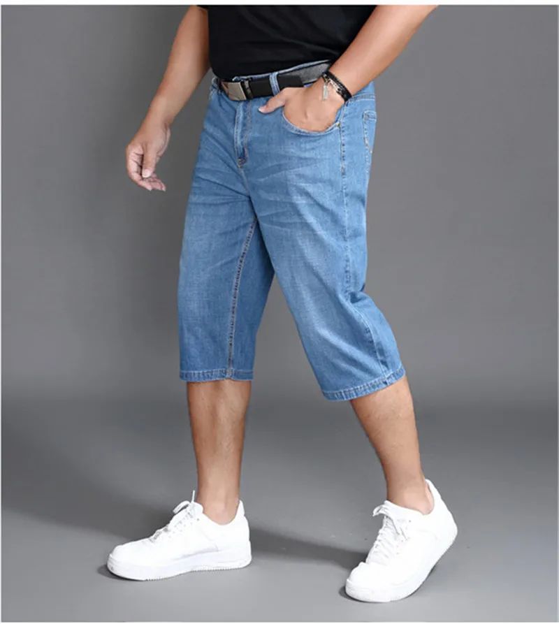 Summer Shorts Calf Length Trousers Plus Size 48 42 Men Denim Elastic Stretched Thin Jean Oversized Classic Straight Streetwear