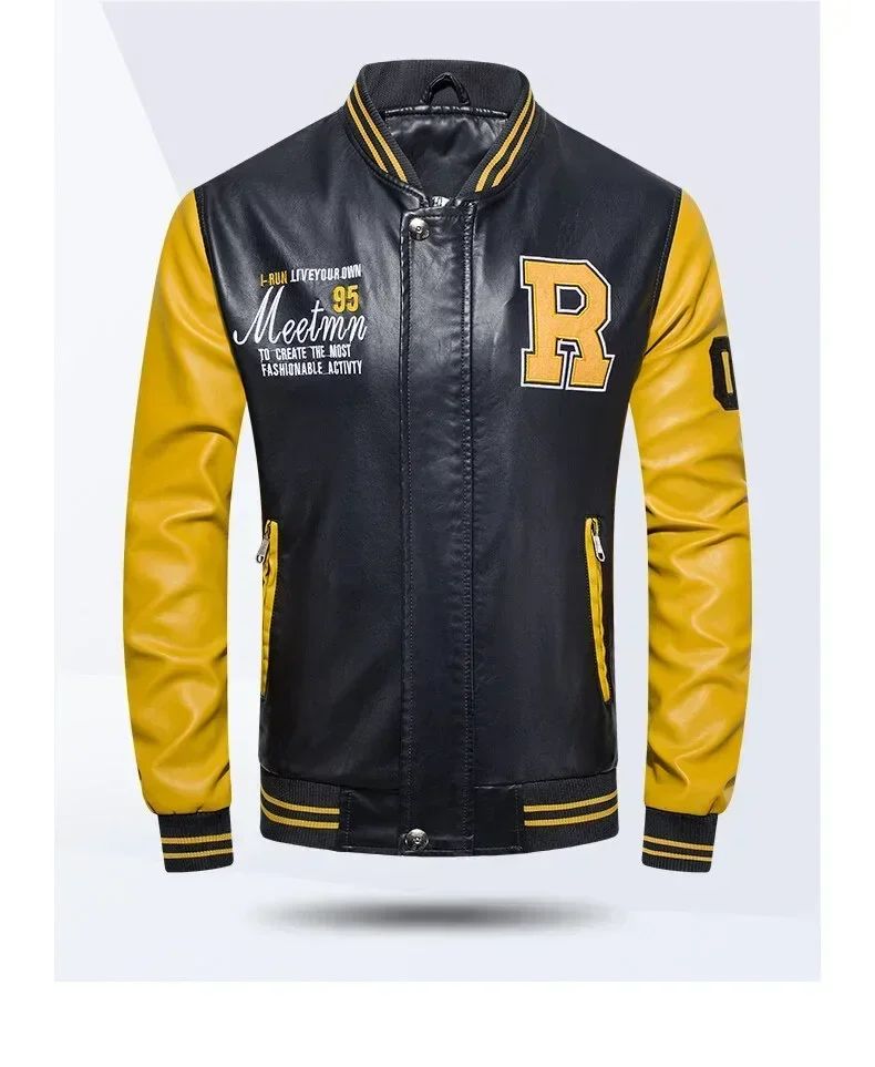 Men's American Baseball Collar Pilot Casual PU Spring and Autumn Leather Jacket Motorcycle Suit Leather Jacket Color Blocking