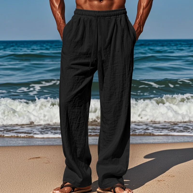 Calça Casual Masculina de Linho com Elástico na Cintura, Calça de Praia Leve com Cordão, Calça de Yoga de Verão Cor Sólida, Calça de Praia