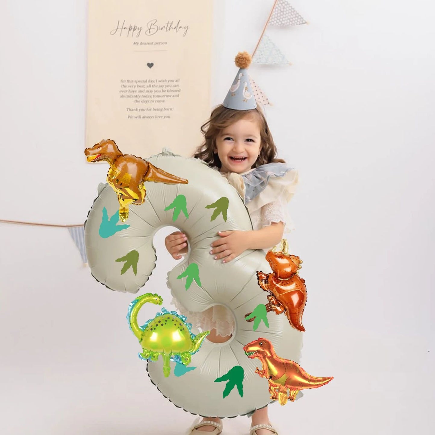 32 inch milky white aluminum foil digital balloon with 15pc dinosaur footprints and 4pc dinosaur balloons for birthday parties