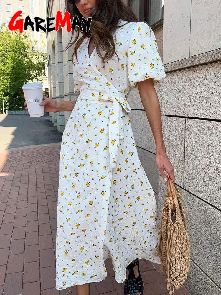 Casual Women's Summer Dresses 100% Cotton Floral Print A-line Midi Dress with Si