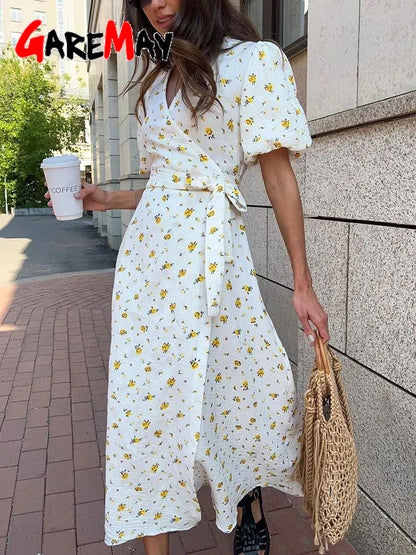 Casual Women's Summer Dresses 100% Cotton Floral Print A-line Midi Dress with Si