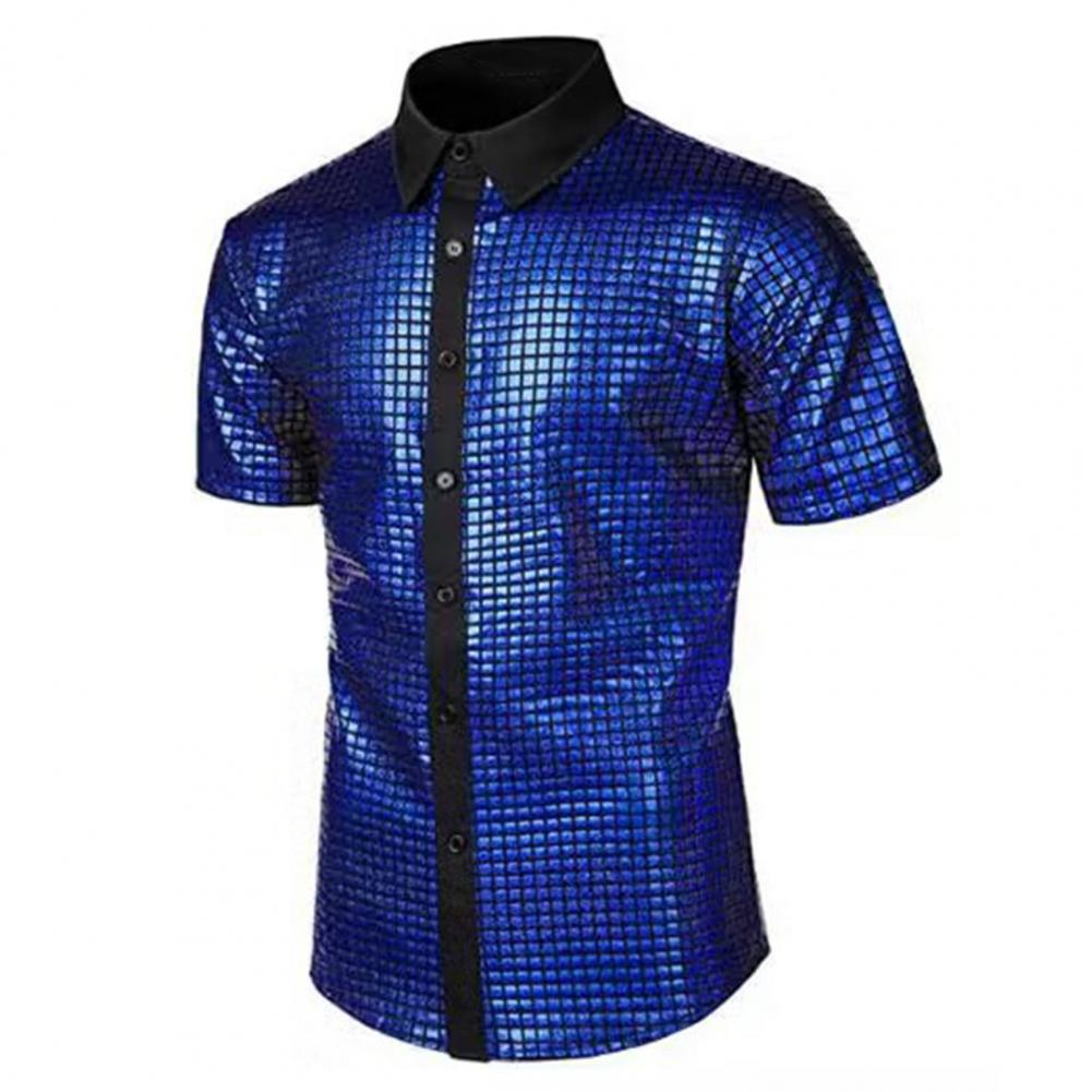 Club Sequin Shirt Mens 70s Disco Costume Vinatge Shirt Turn-down Collar Reflective Shiny Sequins Short Sleeve Button Down Shirt