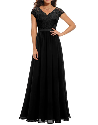New 6-Color 5-Size Lace Splicing Long Waist-Cinching Elegant Dress Floor-Length V-Neck Polyester Fiber Evening Gown Dress