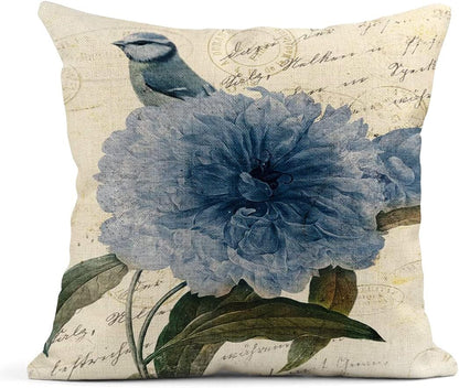 Summer Watercolor Blue Hydrangea Flowers and Birds Linen Pillow Cover Home Decoration Pillowcase Square Sofa Bed Cushion Cover