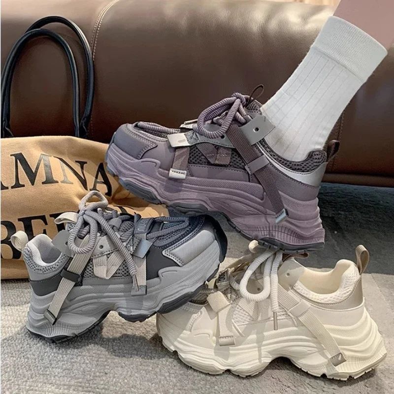 Women's Chunky Sneakers  Breathable Mesh Platform Sports Shoes Woman Fashion Lace Up Thick Sole Casual Shoes Mujer