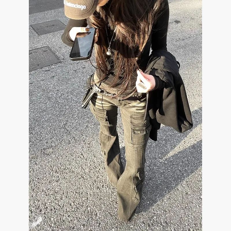 Low Waist Workwear Pants Women's Slimming Floor-Length Bell Bottoms Trendy Y2K Millennium Cargo Trousers Retro American Style