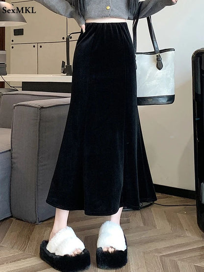 Elastic Velvet Long Black Skirts Women 2025 Casual Korean Fashion Y2k Clothes Mid Length Elegant High Waist Harajuku Maxi Skirt