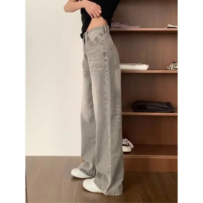 High Waist Wide Leg Jeans Women's Vintage Spring Autumn Slimming Straight Floor-Length Pants American Style Loose Fit