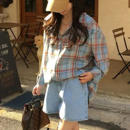 Early Autumn New Style Loose Long Sleeve Shirt Women's Polo Collar Button down Striped Korean Ins Lazy Style Fashionable Women's