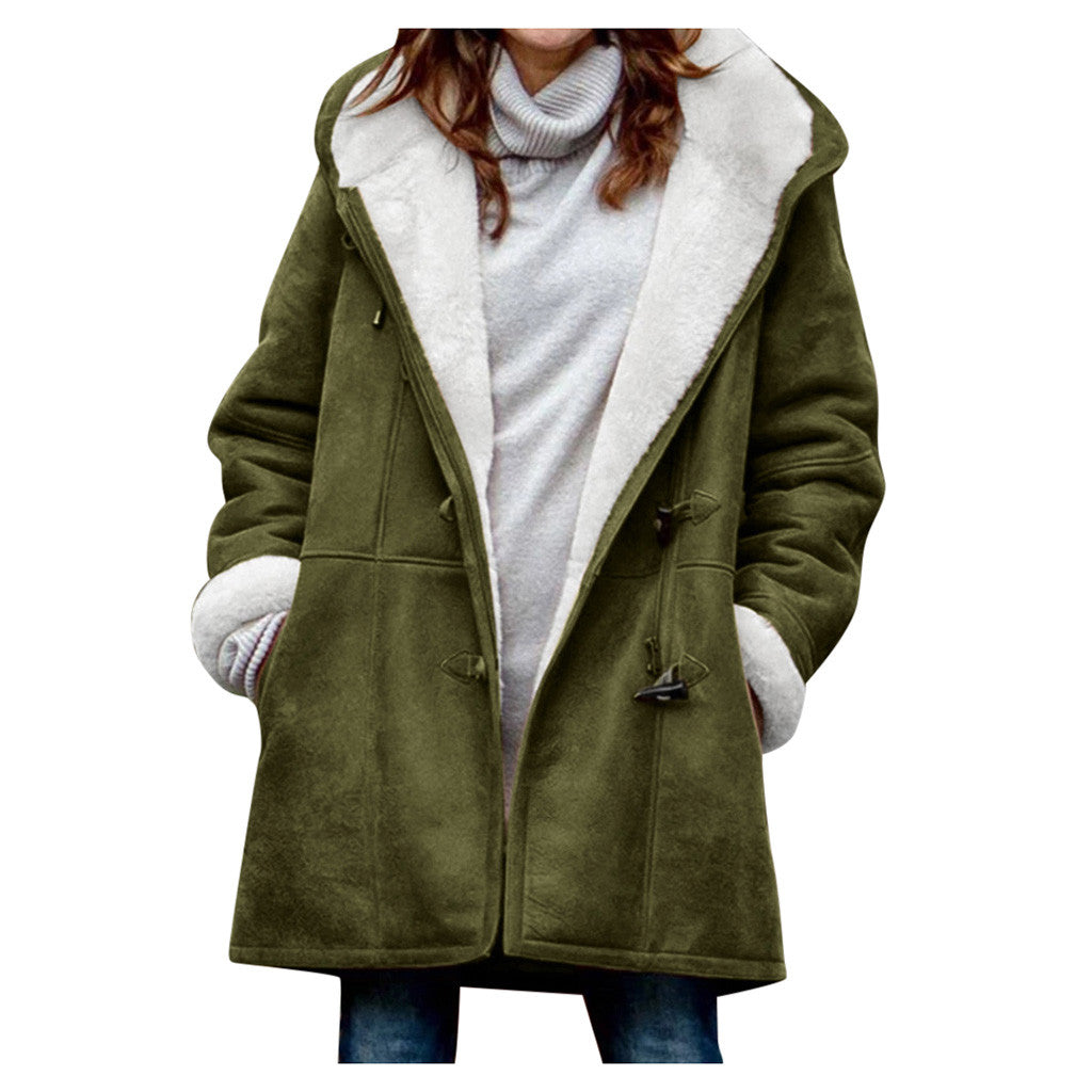 New Warm Outwear Women Winter Plus Size Solid Plus Velvet Coat Long Sleeve Pocket Overcoat Ladies Hooded Coat 2023