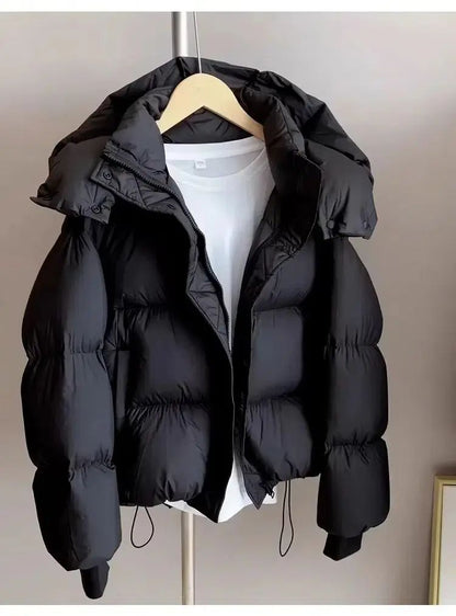 Hooded Cotton Jacket Women 2025 New Thickened Warm Long Sleeved Outwear Winter Korean Loose Solid Color Versatile Short Coat