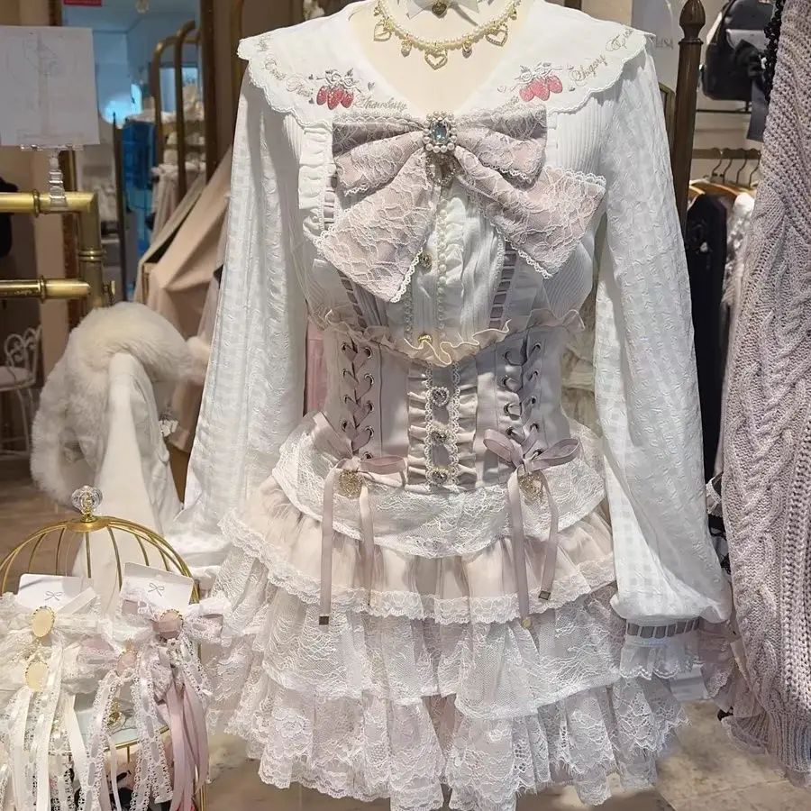 Japanese Lolita Lace Layered Skirt Women Anime High Waist Maid Style Sweet Ruffle Cake Skirt Kawaii Harajuku A-Line Mini Skirt