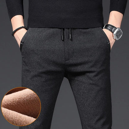 Winter Plush Trousers Men Business Fleece Pants Fashion Warm Drawstring Velvet Thick Casual Stretch Male Clothes 28-29