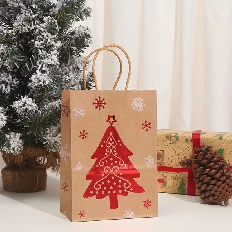 Christmas Kraft Gift Bags with Handles Snowman Santa Tree Designs Geometric Pattern Paper Tote Bags Party Xmas Decoration