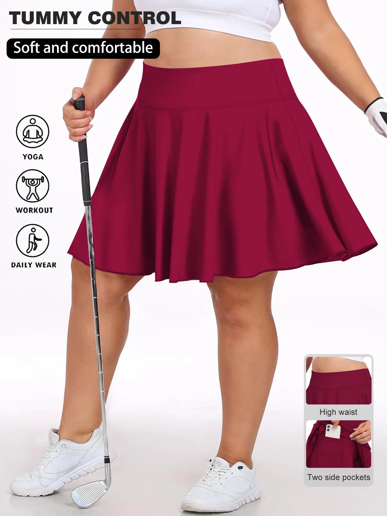 Plus Size Women with Pocket Short Skirt Fitness Short Skirt High Waist Fashion 200lbs Sports Short Skirt Gym Outdoor Solid Skirt