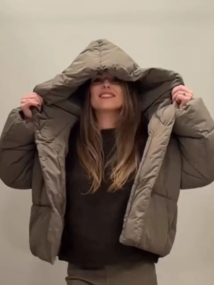 Women's Hooded Cotton Jacket Casual Winter Coat Comfortable Pocket Zipper Button Warm Lady Coats Daily Street Outerwear 2025