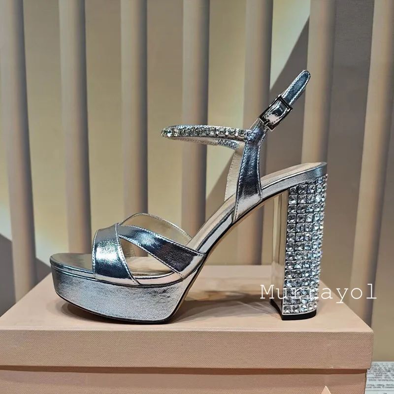 Women Open Toe Rhinestone High Heels Sandals Satin Waterproof Platform Sandalias Summer Party Dress Shoes Pumps Wedding Shoes