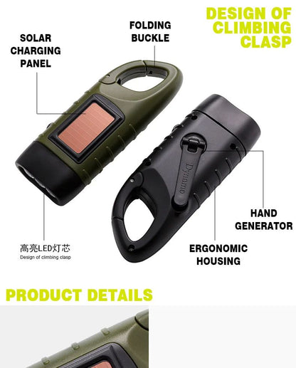 New upgrade 3LED Portable Outdoor Hand Crank Solar Powered Flashlight For Fishing Hiking With Folding Buckle Emergency Lamp