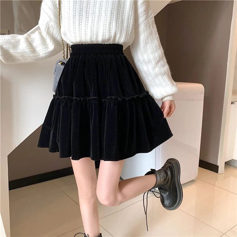 Black Velvet Patchwork Mini Skirt Women Sweet Solid A Line High Waist Skirt Fashion Pretty Style Pleated Summer Student Skirt