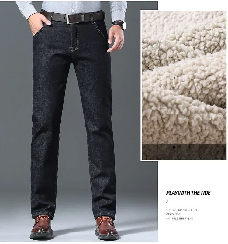 Calça Jeans Masculina de Inverno Forrada de Lã Grossa Sherpa Casual de Negócios Veludo Reta Masculina de Lã Pelúcia Clássica Elástica