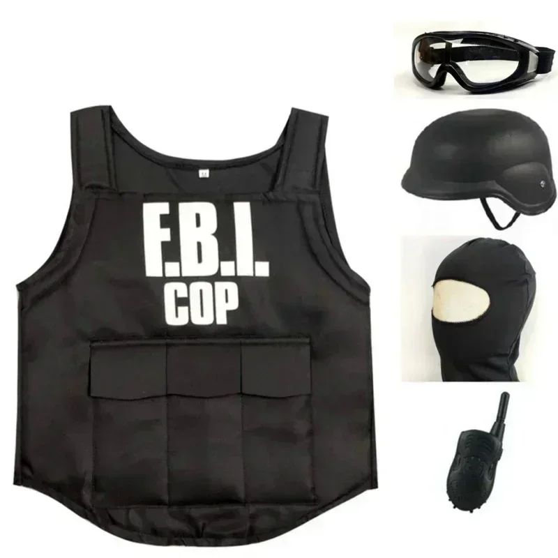 2025 Halloween Kinderen Fbi Swat Pakken Cosplay Kleding Mini Kogelvrij Vest Helm Swat Pak Set Halloween Party Dress Up