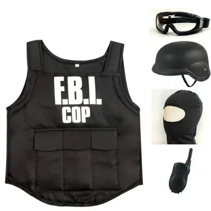 2025 Halloween Kinderen Fbi Swat Pakken Cosplay Kleding Mini Kogelvrij Vest Helm Swat Pak Set Halloween Party Dress Up