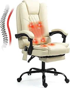 6-Point Heated Massage Office Chair with Footrest, Ergonomic Home Desk Chair with Lumbar Support, Executive High Back PU Leather