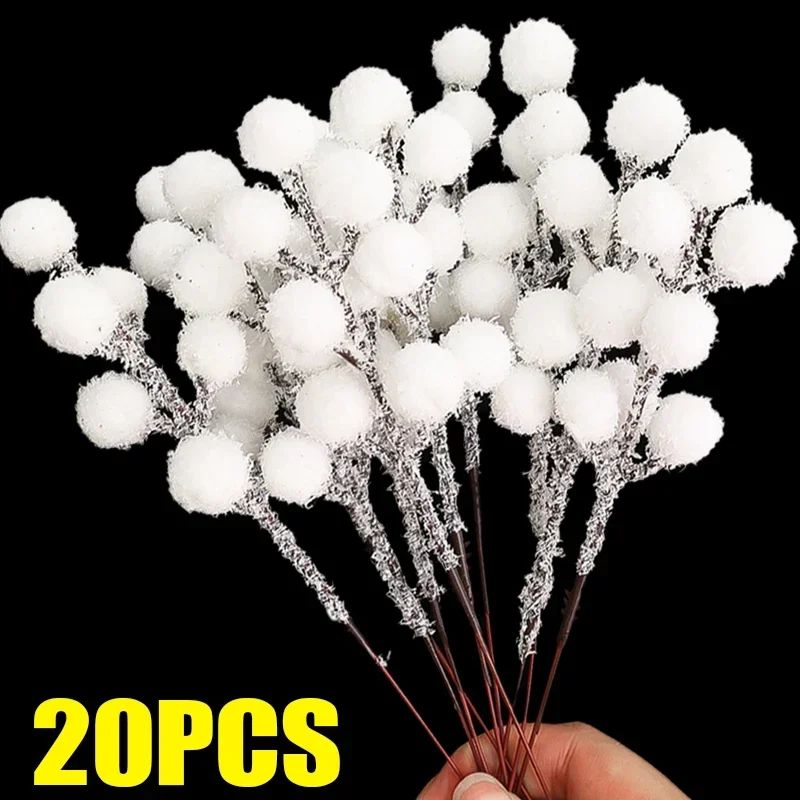 5/200pcs Artificial White Berry Stem Frosted Christmas Berries Branch Snow Tipped Stems Twigs Wreath Xmas Tree Fillers Ornament