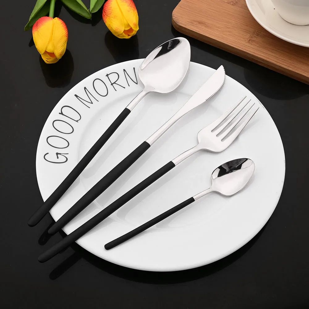 24Pcs Stainless Steel Dinnerware Set Kitchen Fork Spoon Knife Dinner Cutlery Set White Silver Western Flatware Tableware Set
