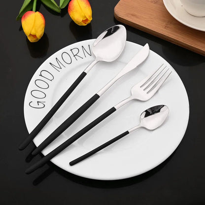 24Pcs Stainless Steel Dinnerware Set Kitchen Fork Spoon Knife Dinner Cutlery Set White Silver Western Flatware Tableware Set
