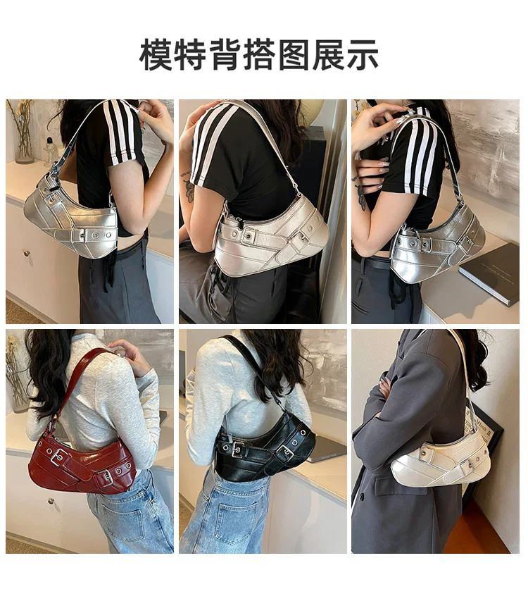 Red Vintage Shoulder Bag Y2K Belt Design PU Leather Underarm Bags for Women Trend Hot Cool Girl Crossbody Bag Punk Style Handbag